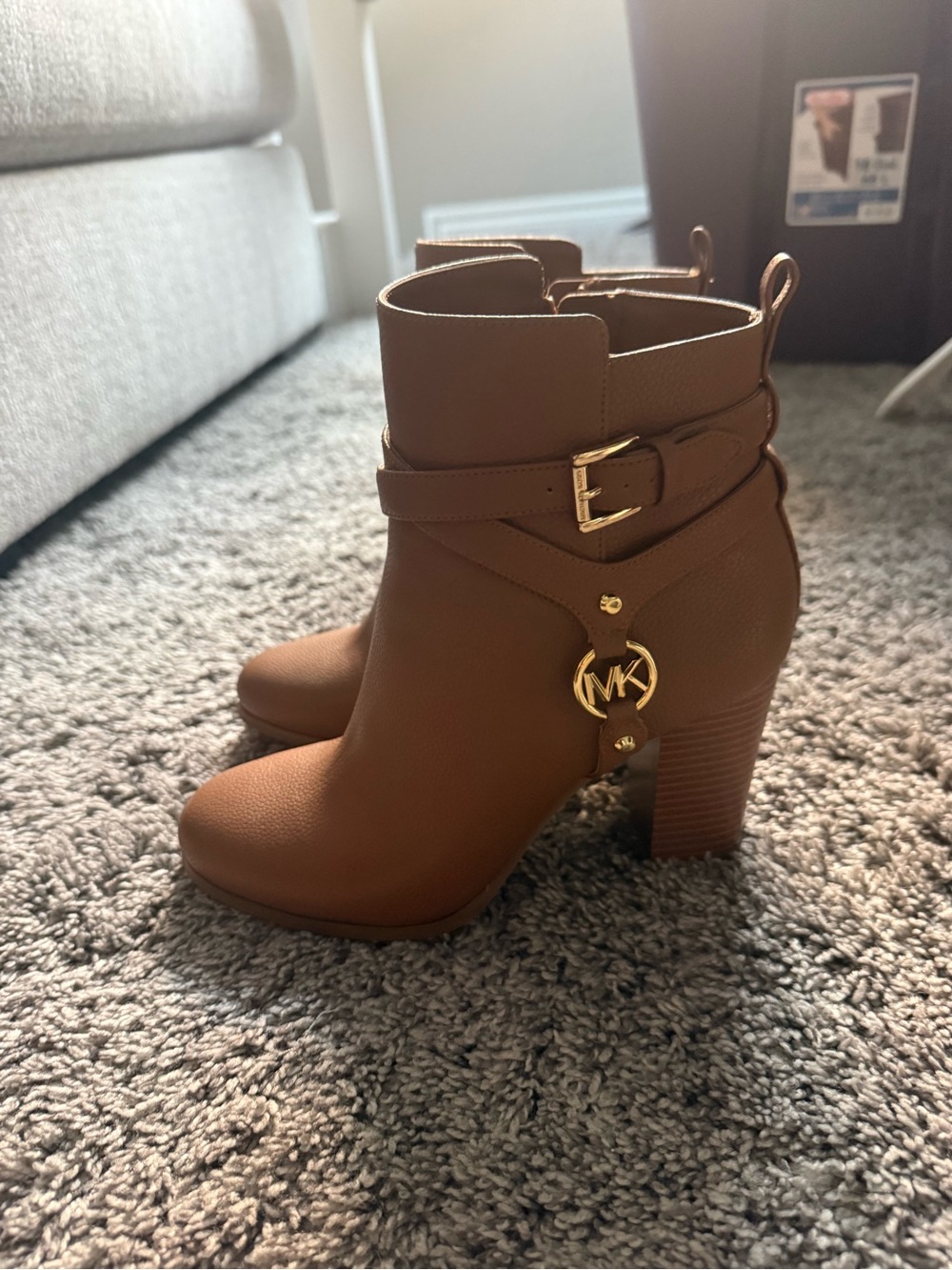 Michael Kors Brown Leather Block Heel Ankle Booties with MK Charm